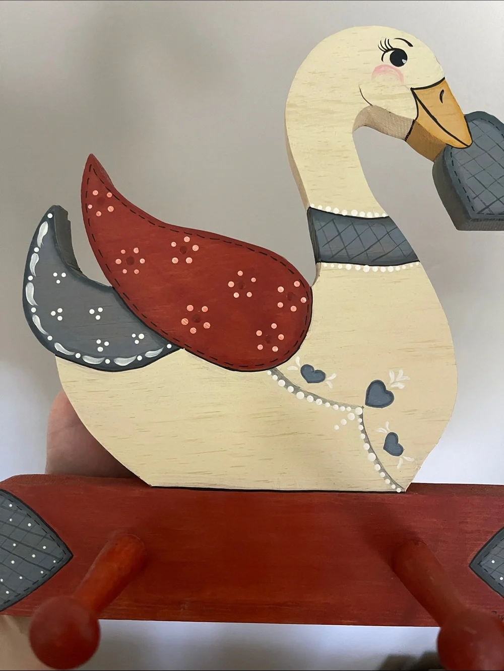 Whimsical Swan Wall Hook in Cream, Red, and Gray
